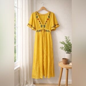 Altar’d State Yellow Embroidered Floral Boho Midi Dress Size M